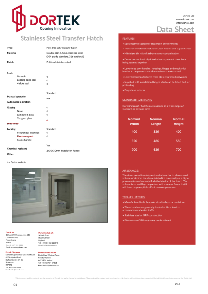 Dortek Hygienic Transfer Hatch Data Sheet
