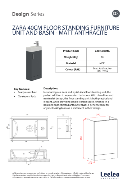 Zara 40 cm Cloakroom Pack - Matt Anthracite