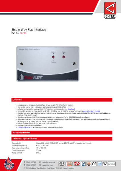 Datasheet for C-TEC's CA736 Single-Way Flat Interface