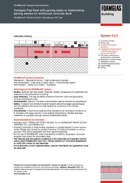 4.3.2 Roof - Flat or Tapered Foamglas Insulation (Cold Adhesive) with Paving Slabs or Blocks