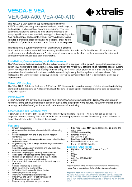 XTRALIS Addressable Aspirating Smoke Detector - VESDA-E VEA