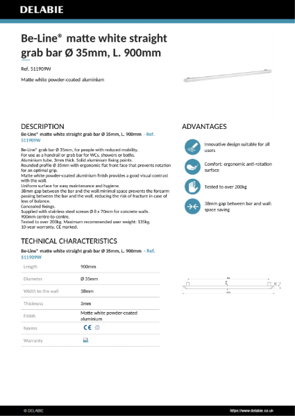 Be-Line® Grab Bars - White, 900 mm Product Data Sheet