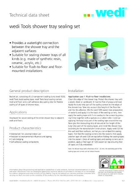 wedi Tools Shower Tray Sealing Set - Technical Data Sheet