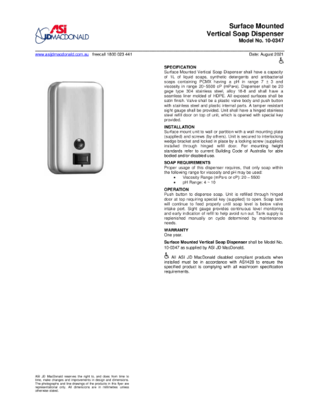 Surface Mounted Soap Dispenser Specification Sheet