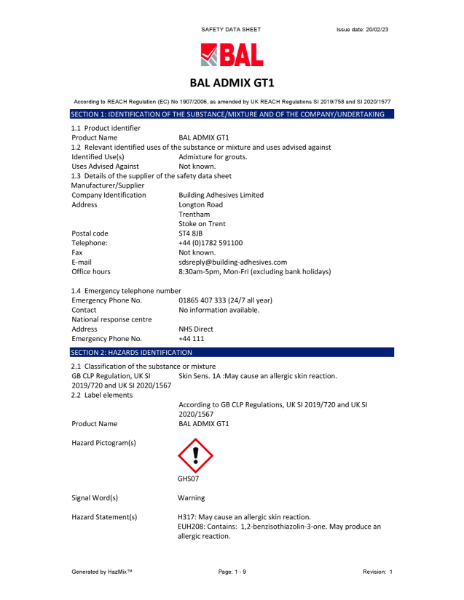 BAL Admix GT1 Material Safety Datasheet