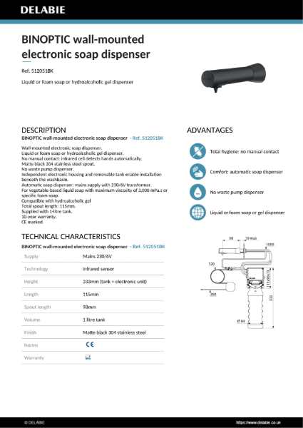 BINOPTIC wall-mounted electronic soap dispenser - Matte Black Product Data Sheet