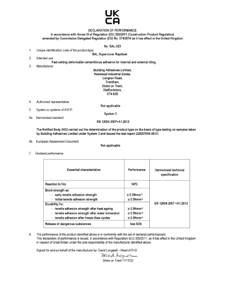 DECLARATION OF PERFORMANCE - BAL Supercover Rapidset