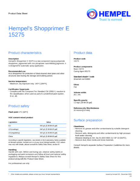 Hempel Shopprimer E 15275 - Product Data Sheet