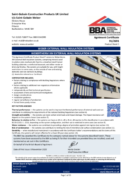 BBA Agrément Certificate (91/2691) Product Sheet 5 (webertherm XM with mechanically-fixed MFD onto steel frame construction)