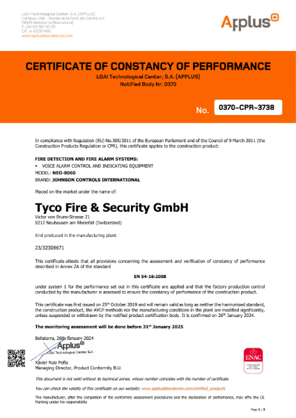 Certificate of constancy of performance