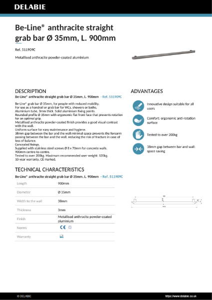 Be-Line® Grab Bars - Anthracite, 900 mm Product Data Sheet