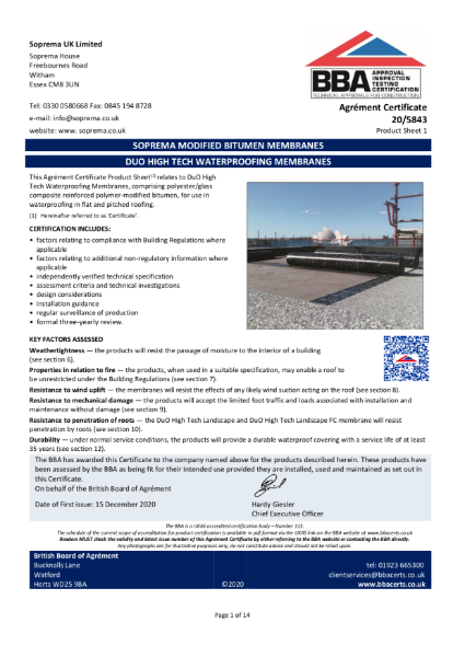 Duo High Tech Waterproofing Membranes - Waterproofing Membranes, comprising polyester/glass composite reinforced polymer-modified bitumen, for use in waterproofing in flat and pitched roofing.