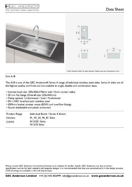 GEC Anderson Data Sheet - Series A sink: A18