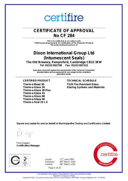 Certifire CF284 - Glazing Seals