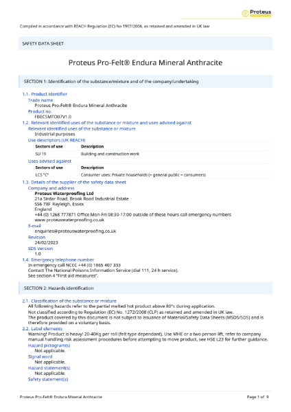 Safety Data Sheet - Proteus Pro-Felt® Endura Capsheet