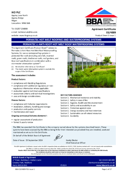 BBA Certificate - IKO Permatec LI Anti-Root Inverted