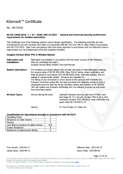 Imagine Vertical Slider Kitemark™ Certificate No. KM 33520
