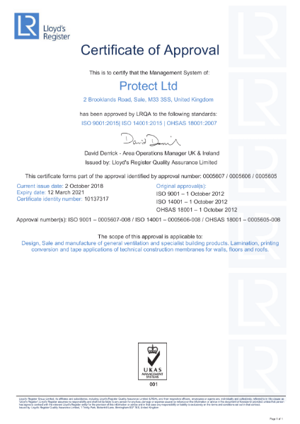 Protect Membranes ISO 9001 14001 OHSAS 18001 Certificate