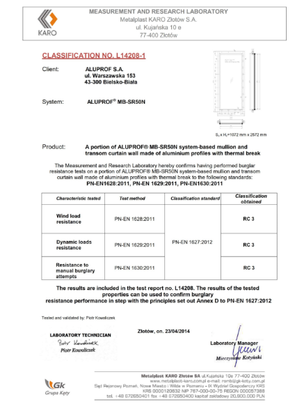 Aluprof MB-SR50N - EN 1627-1630 RC3 Certificate