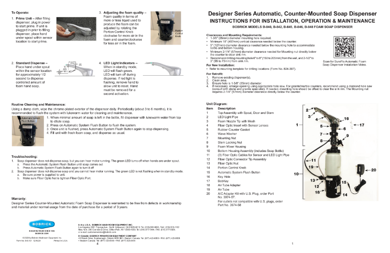 Designer Series Automatic, Counter-Mounted Soap Dispenser - Instructions for Installation, Operation and Maintenance - Bobrick Models B-840, B-842, B-845, B-846, B-848 Foam Soap Dispenser
