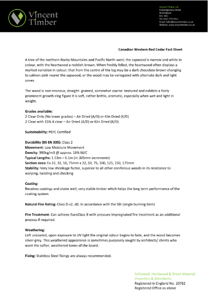 Canadian Western Red Cedar Timber Cladding Data Sheet