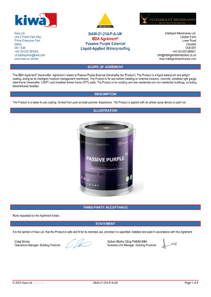 Kiwa Agrement BAW-21-214-P-A-UK BDA Agrément® Passive Purple External Liquid-Applied Waterproofing