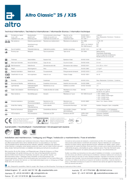 Altro Classic Technical Data Sheet
