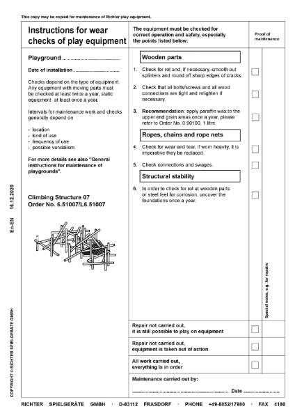 Timberplay Climbing Frames - Climbing Structure 07 - Maintenance Instructions