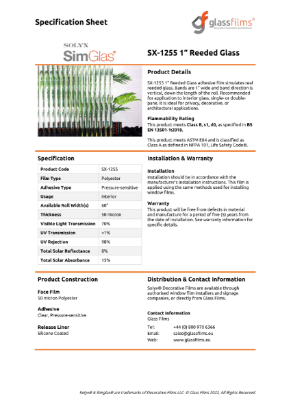 SX-1255 1" Reeded Glass Specification Sheet