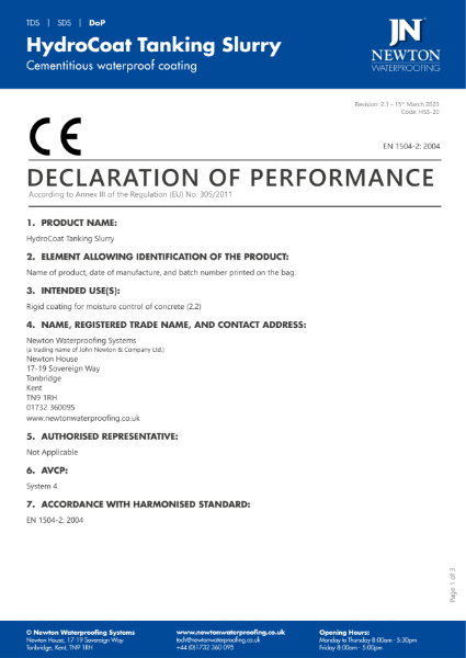Newton HydroCoat Tanking Slurry DoP