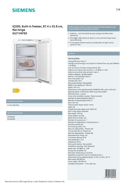 iQ500, Built-in freezer, 87.4 x 55.8 cm, flat hinge GI21VAFE0