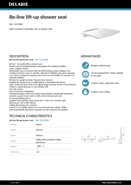 Be-Line® Shower Seat - Matte White Product Data Sheet