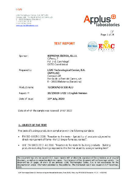 Tecsound® S100 ALU Fire Certification