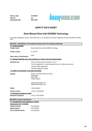 Rock Mineral Wool with ECOSE® Technology - Safety Datasheet