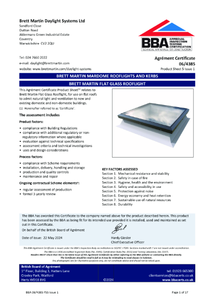 BBA Certificate - Flat Glass Rooflight