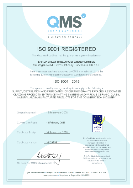 ISO 9001 QA standard certificate