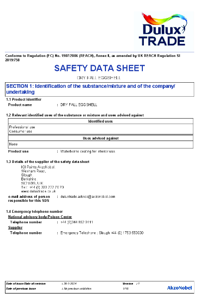 Dulux Trade Dry Fall Eggshell Safety Sheet