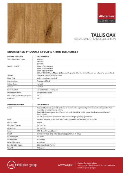 Renaissance Oak Talis Plank Spec Sheet