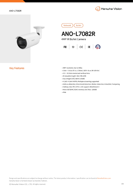 CCTV camera 4MP IR Bullet (ANO-L7082R) data sheet