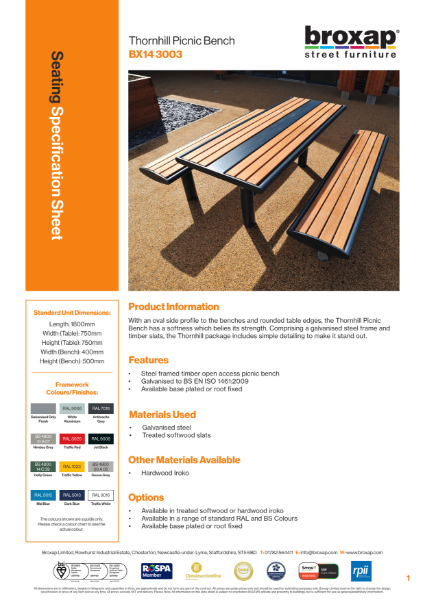 Thornhill Picnic Bench Specification Sheet