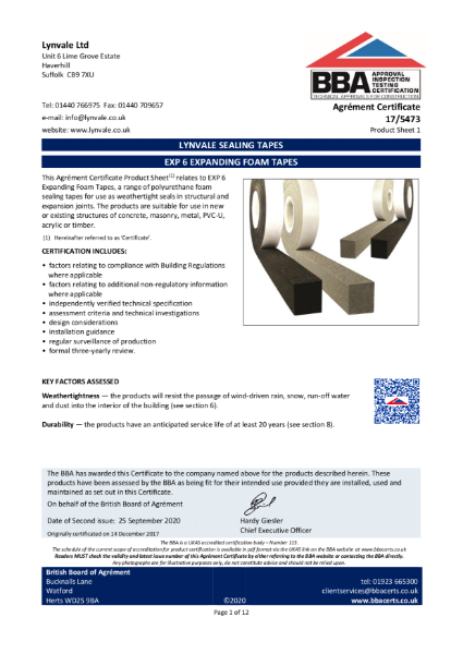 EXP 6 Expanding Foam Tape BBA Certificate