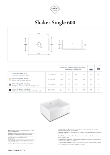 Shaker 600 Single Bowl Kitchen Sink - PDS