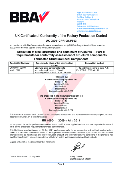 BBA UK Certificate of Conformity of the Factory Production Control