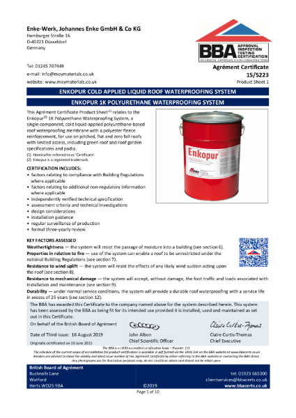 Enkopur 1K PUR Cold-Applied Liquid Waterproofing BBA 15/5223