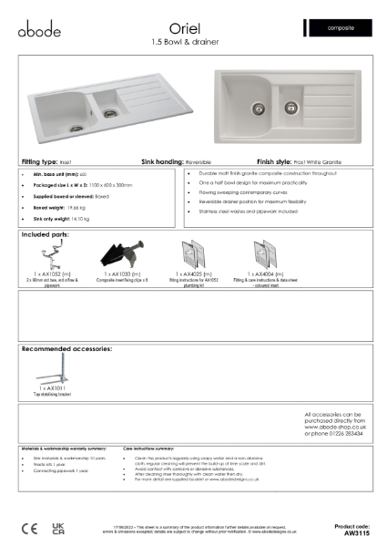 AW3115. Oriel Granite Inset Sink (1.5 Bowl & Drainer), White Granite - Consumer Specification