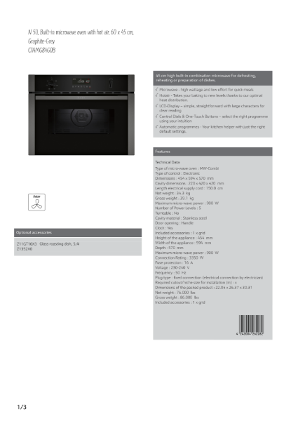 Compact 45cm ovens with Microwave Graphite grey trim C1AMG84G0B, Datasheet