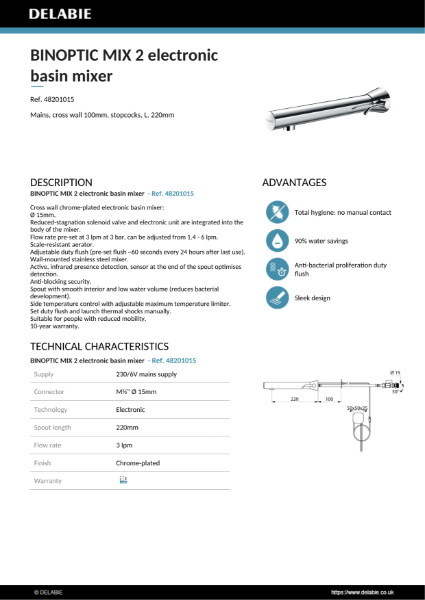 BINOPTIC MIX 2 electronic basin mixer- Chrome Product Data Sheet