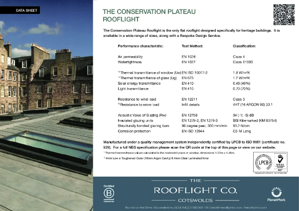 Conservation Plateau Rooflight Data Sheet