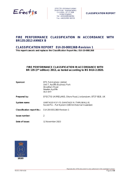 Vantage® SF : Fire Performance Classification in Accordance With BR135:2013 annex B