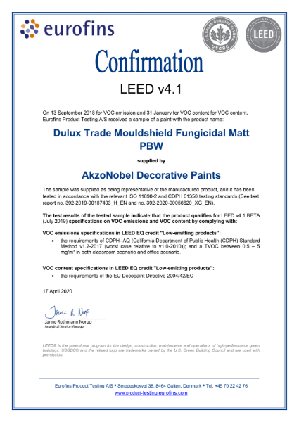Dulux Trade Mouldshield Matt LEED Attestation
